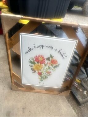 Floral Wall Art Sign "Make Happiness a Habit" - White with Pink & Yellow Blooms